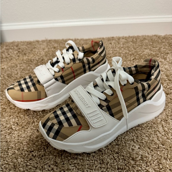 Burberry Plaid Athletic Shoes - White and Tan - Picture 1 of 8